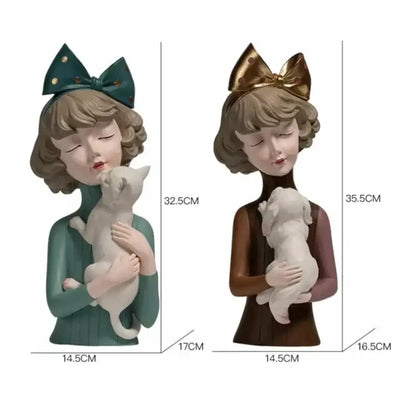 Teal & gold bowknot cat girl figurines living room decor