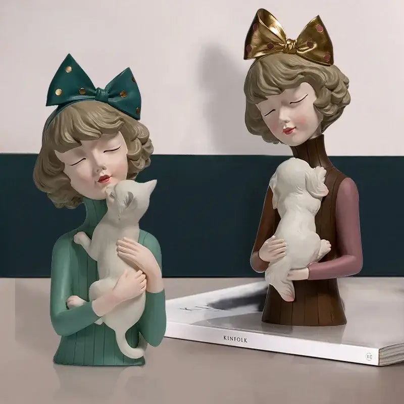 Teal & gold bowknot cat girl figurines living room decor