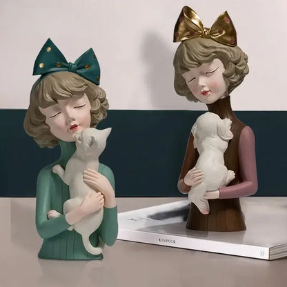 Teal & gold bowknot cat girl figurines living room decor