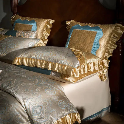 Teal & gold embroidered 200s egyptian cotton bedding set bedroom