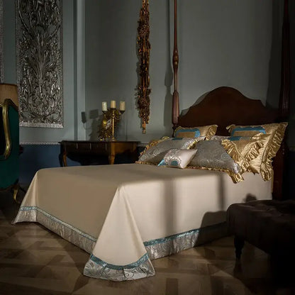 Teal & gold embroidered 200s egyptian cotton bedding set bedroom