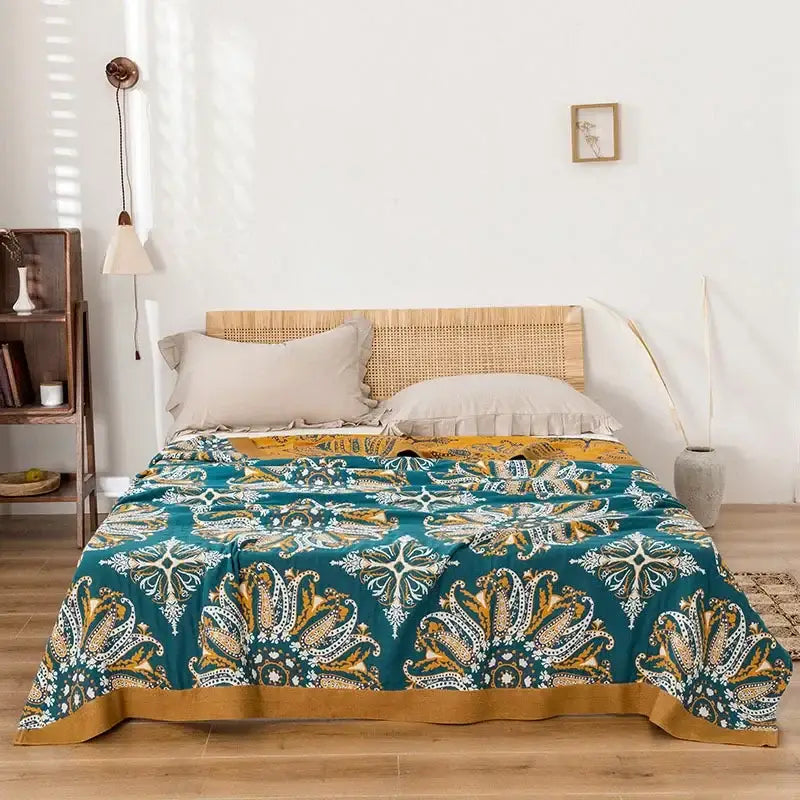 Teal & gold floral bohemia cotton blanket bedroom quilt