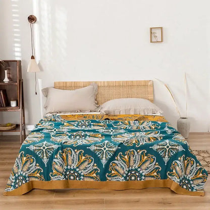 Teal & gold floral bohemia cotton blanket bedroom quilt