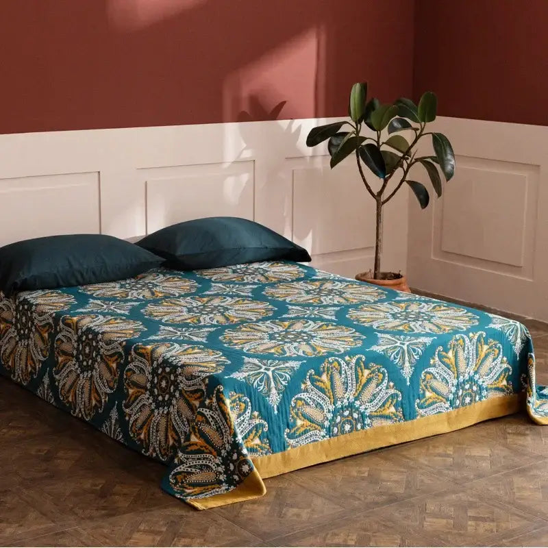 Teal & gold floral bohemia cotton blanket bedroom quilt