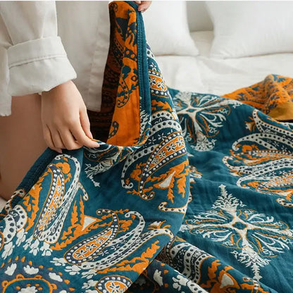 Teal & gold floral bohemia cotton blanket bedroom quilt