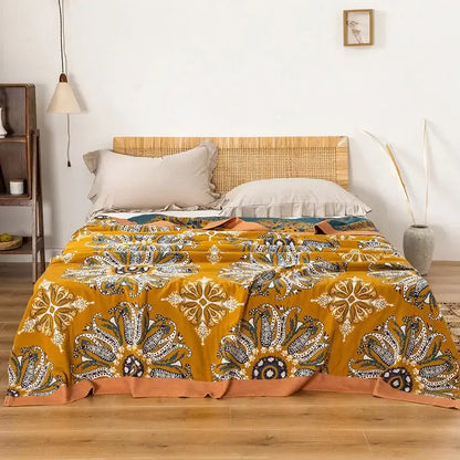 Teal & gold floral bohemia cotton blanket bedroom quilt