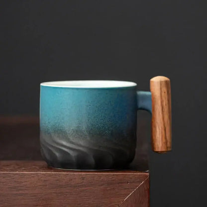 Teal gradient & black ceramic coffee cup kitchen mug with wood handle