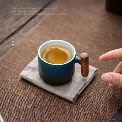 Teal gradient & black ceramic coffee cup kitchen mug with wood handle