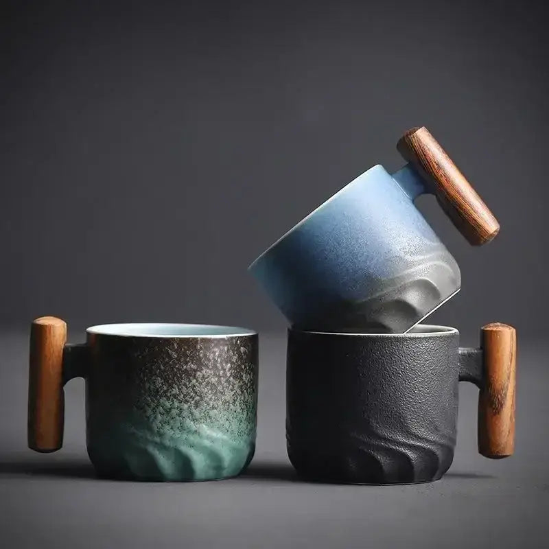 Teal gradient & black ceramic coffee cup kitchen mug with wood handle