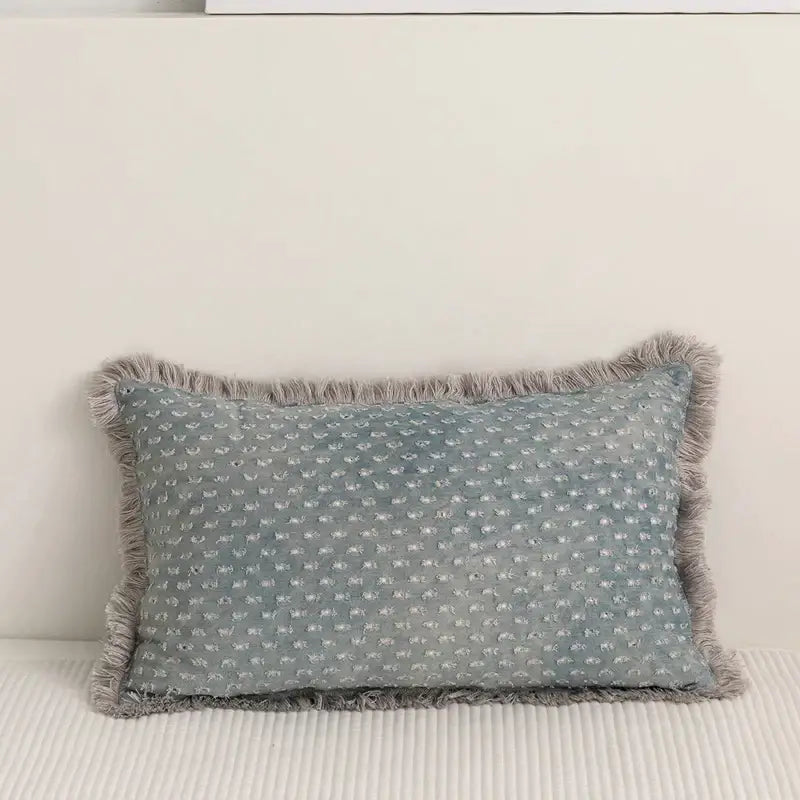 Teal & gray denim fringed cushion cover living room decor