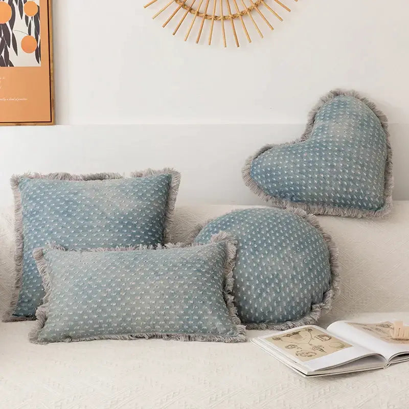 Teal & gray denim fringed cushion cover living room decor