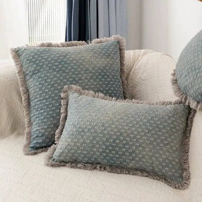 Teal & gray denim fringed cushion cover living room decor