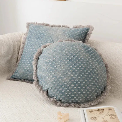 Teal & gray denim fringed cushion cover living room decor
