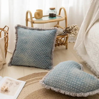 Teal & gray denim fringed cushion cover living room decor