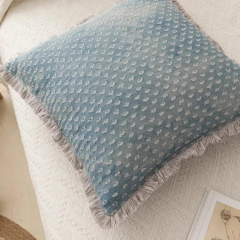 Teal & gray denim fringed cushion cover living room decor