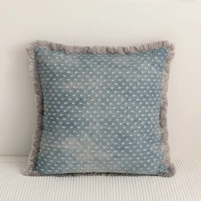 Teal & gray denim fringed cushion cover living room decor