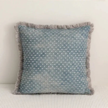 Teal & gray denim fringed cushion cover living room decor