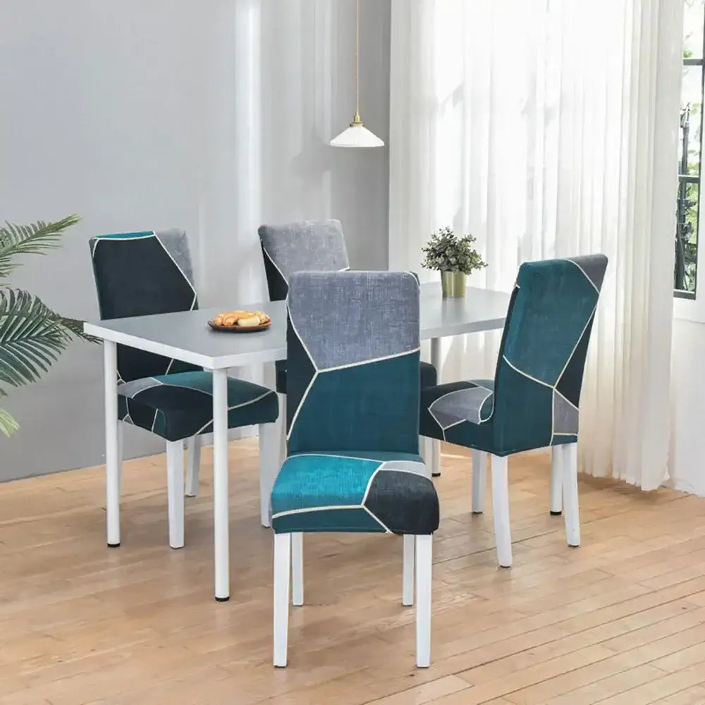 Teal & gray geometric stretch chair cover dining room slipcover