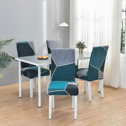 Teal & gray geometric stretch chair cover dining room slipcover
