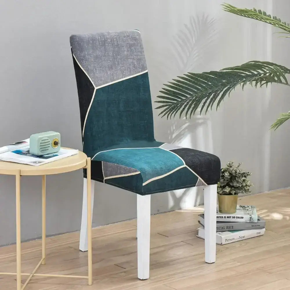 Teal & gray geometric stretch chair cover dining room slipcover
