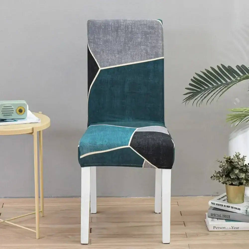 Teal & gray geometric stretch chair cover dining room slipcover