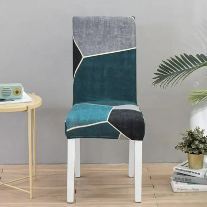 Teal & gray geometric stretch chair cover dining room slipcover