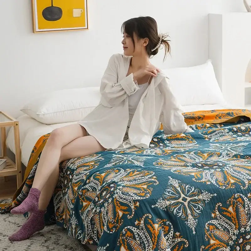 Teal & orange geometric cotton gauze summer blanket bedroom throw