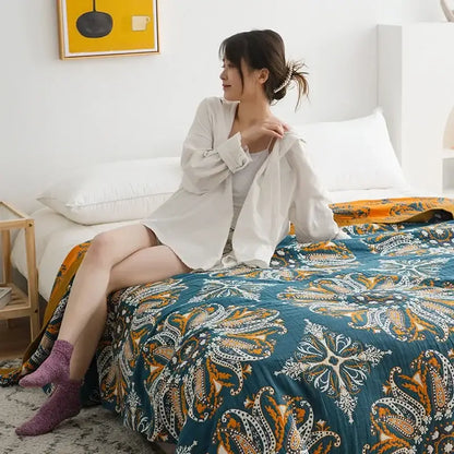 Teal & orange geometric cotton gauze summer blanket bedroom throw