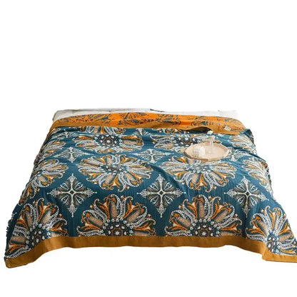 Teal & orange geometric cotton gauze summer blanket bedroom throw
