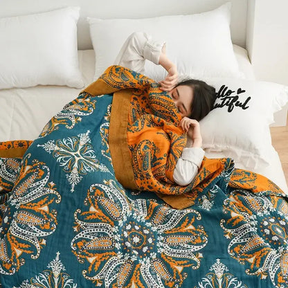 Teal & orange geometric cotton gauze summer blanket bedroom throw