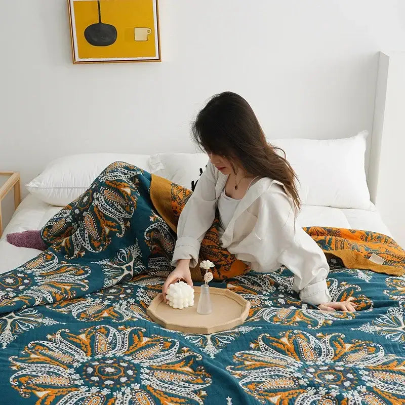 Teal & orange geometric cotton gauze summer blanket bedroom throw