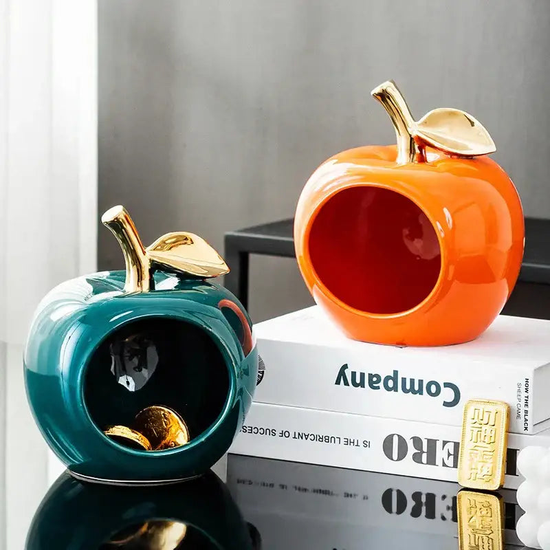 Teal & orange gold plated ceramic apple storage box for living room