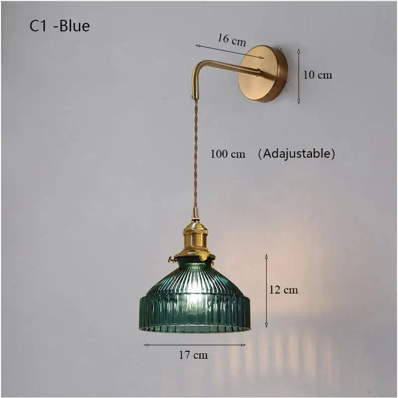 Teal ribbed glass shade led wall lamp for luxury living room decor