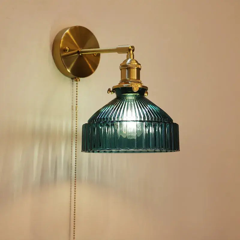 Teal ribbed glass shade led wall lamp for luxury living room decor