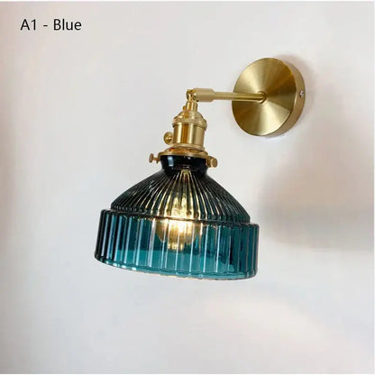 Teal ribbed glass shade led wall lamp for luxury living room decor
