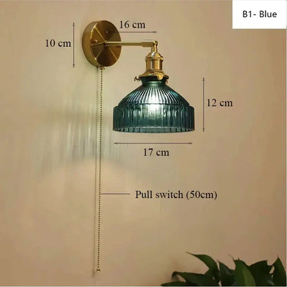Teal ribbed glass shade led wall lamp for luxury living room decor