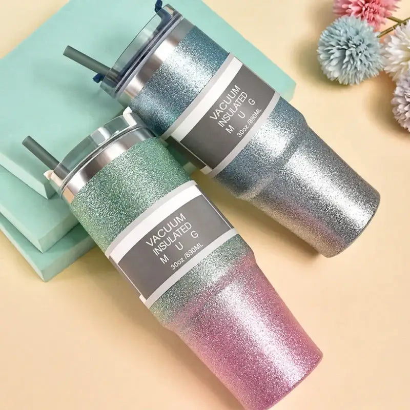 Teal & silver glitter coffee cup thermos kitchen insulated mug
