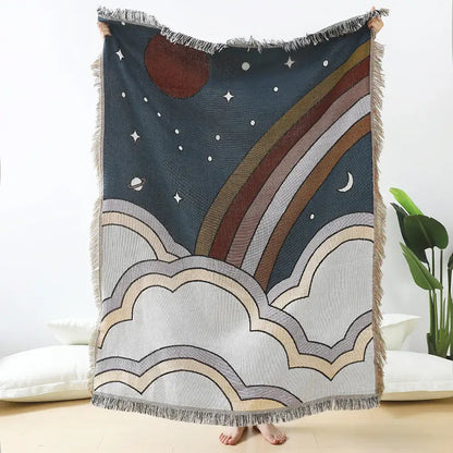 Teal & tan daisy pattern woven throw blanket living room fringed decor