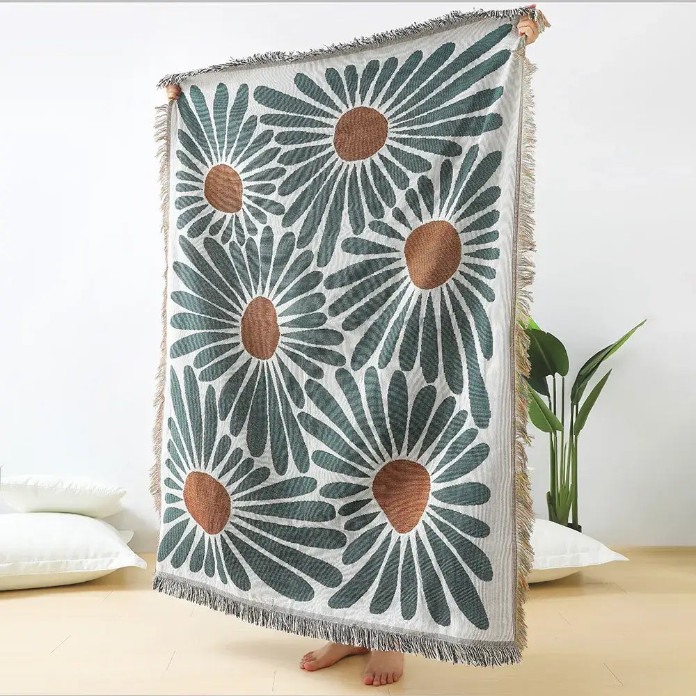 Teal & tan daisy pattern woven throw blanket living room fringed decor