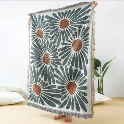 Teal & tan daisy pattern woven throw blanket living room fringed decor