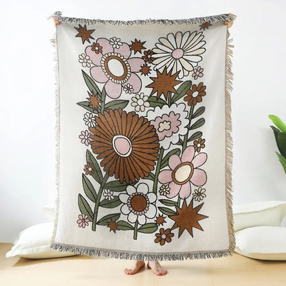Teal & tan daisy pattern woven throw blanket living room fringed decor