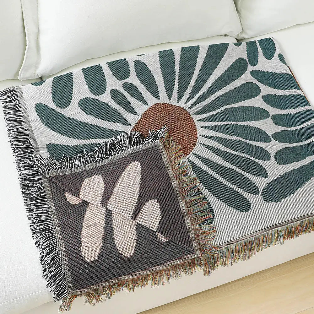 Teal & tan daisy pattern woven throw blanket living room fringed decor