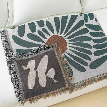 Teal & tan daisy pattern woven throw blanket living room fringed decor