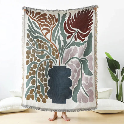 Teal & tan daisy pattern woven throw blanket living room fringed decor