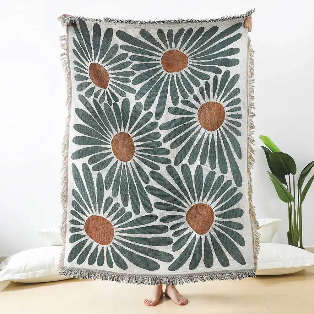 Teal & tan daisy pattern woven throw blanket living room fringed decor