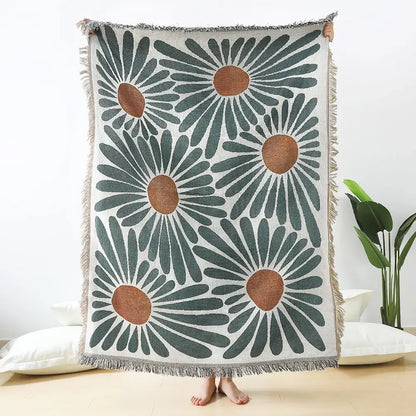 Teal & tan daisy pattern woven throw blanket living room fringed decor