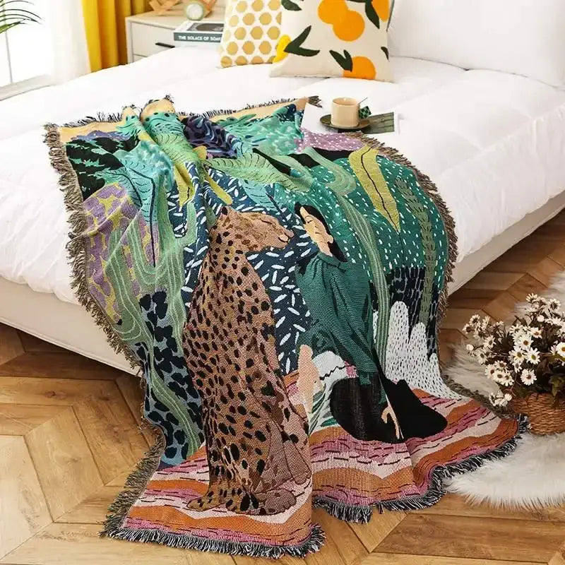 Teal tiger knitted nordic outdoor sofa blanket living room throw