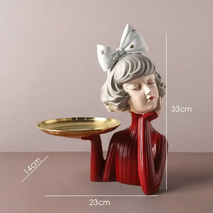 Teal & white bowknot girl resin figurine bedroom decor with gold tray