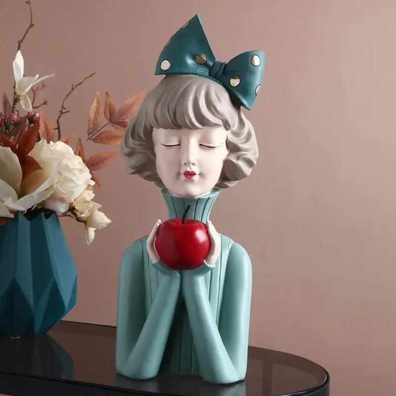 Teal & white bowknot girl resin figurine bedroom decor with gold tray