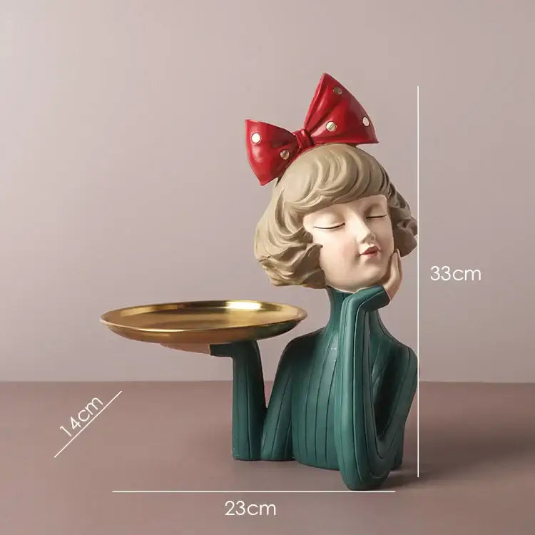 Teal & white bowknot girl resin figurine bedroom decor with gold tray
